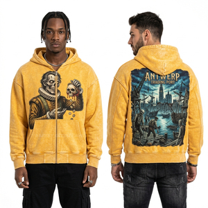 Sweat à capuche zippé intégral pour homme, couleur bordeaux, effet vieilli, style streetwear, avec motif graphique Gondola Squelette Pirate, délavage vintage, vêtement personnalisé - Product Image 3