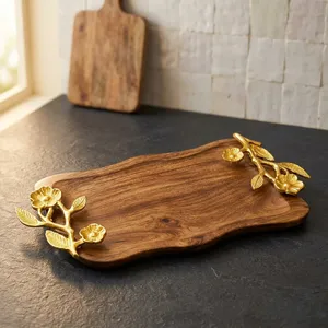 Plateau de service en bois avec poignées en métal doré à motifs floraux, plateau décoratif pour le petit-déjeuner, le café, le thé, les collations, la maison, la cuisine - Product Image 4
