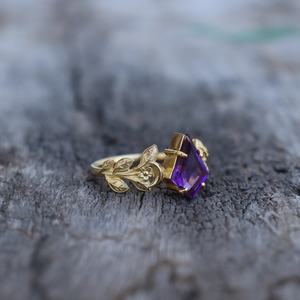 Bague en améthyste inspirée de la nature, argent sterling 925 plaqué or 14 carats, faite à la main, cadeau de promesse ou de mariage pour elle - Product Image 2