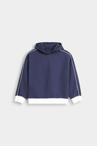 Performance Eco-Friendly <b>Fleece</b> Moisture Wicking <b>Women</b> Solid Front Hooded Pullover Sweatshirt Navy Blue Drop Shoulder Long - Product Image 5