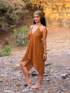 Earthy Terracotta Cotton Khadi Halter Neck Pixie Dress Artisanal Boho Summer Dress with Hand-Printed <b>Head</b> <b>Wrap</b> Dress - Product Image 2