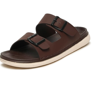 Sandalias de Hombre Marrones con Tres Hebillas, Casuales, Punta Abierta, Suela Plana, Ligeras, Transpirables, con Entresuela de Cuero, Calzado de Verano para Caminar - Product Image 1