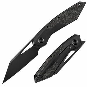 Couteaux pliants noirs avec lame angulaire noire mate, manche texturé gris foncé effet carbone, clip de poche et utilisation quotidienne portable moderne - Product Image 6