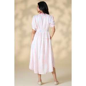 Vestido Midi a Rayas Pastel para Mujer, Manga Corta Abullonada, Cierre de Botones, Vestido Casual de Verano de Algodón - Product Image 4