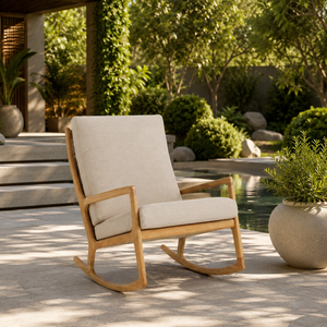 Fauteuil à bascule en teck massif naturel avec coussin rembourré, design mi-siècle, pour hôtel, complexe hôtelier, Bali, Indonésie, vente en gros - Product Image 5