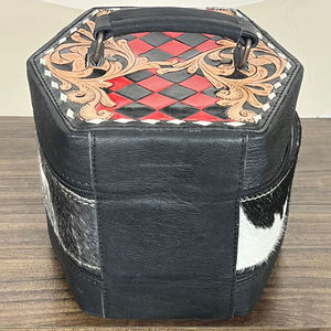 Hand Tooled Red & Black Checkered Leather Jewelry Box Cowhide Leather Jewelry Organizer Earrings and Necklaces Case for Women's - Product Image 6