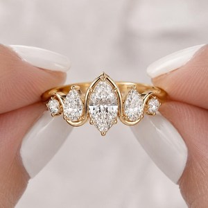 Anillo de Oro Sólido de 14K con Diamantes Cultivados en Laboratorio de 1.01 CT, Corte Marquesa y Pera, con Banda Ondulada, para Mujer, un Regalo Sorpresa Ideal para Novias - Product Image 5