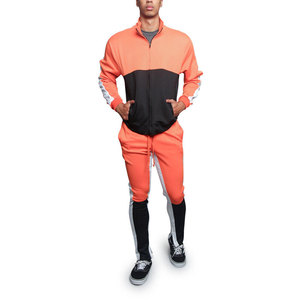 Ensemble de survêtement pour homme, orange et noir, à blocs de couleur, manches longues, col montant, style sportif, pour l'automne, en polyester et coton respirant - Product Image 2