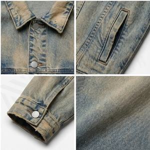 Veste en jean personnalisée vintage pour hommes, à la mode, lavée à l'acide avec trous en détresse, logo avant, vente en gros de jeans unis d'hiver - Product Image 4