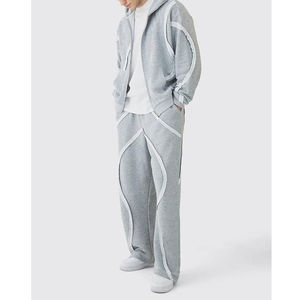 Cotton French Terry Gray Wide Leg Plus Oversized Boxy <b>Zip</b> Panel Embroidery <b>Jogger</b> Man Tracksuit - Product Image 2