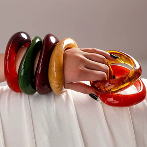 QISEN Waterproof Bold Resin <b>Bangle</b> <b>Bracelet</b> 18K PVD Gold Plated 316L Stainless Steel Chunky Statement <b>Bangles</b> - Product Image 1