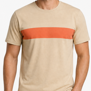Camiseta de Manga Corta Beige para Hombre con Ribete en Contraste Naranja, Corte Regular, Cuello Redondo, Estilo Casual - Product Image 3