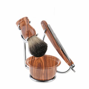 Juego de brochas de afeitar de metal de alta calidad Pure Badger con soporte para navaja de afeitar recta - Product Image 3
