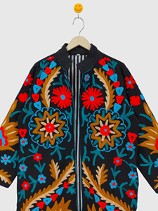 Veste en velours pour femmes grande taille brodée à la main, col châle, manches trois quarts, motif géométrique, manteau long, vêtements d'automne - Product Image 6