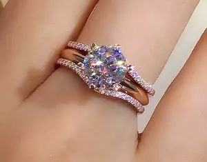 Anillo de Compromiso de Moissanita Real de 2 Quilates, Plata de Ley 925, Chapado en Oro Rosa, Doble Banda, Engaste de Garras, Unisex, Estilo Vintage Nupcial - Product Image 2