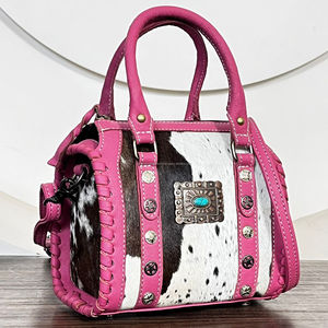 Premium <b>Tooled</b> Pink <b>Leather</b> Studs & Turquoise Concho Designer Duffel Bags Small Compact Cowhide <b>Leather</b> Travel Ladies Handbags - Product Image 4