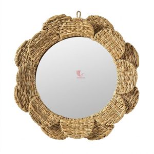 Woven Water Hyacinth <b>Wall</b> <b>Mirror</b> Flower Petal Scalloped Frame, <b>Round</b> Woven Decorative Hanging <b>Mirror</b> for Home Bedroom - Product Image 1