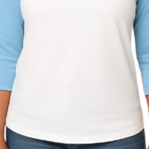 Camiseta de Béisbol para Mujer, Blanca y Azul Claro, con Logotipo Brillante, Manga Raglán Tres Cuartos, Estilo Casual - Product Image 5