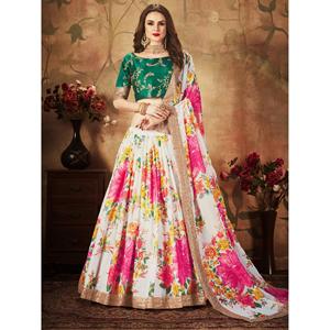 Lehenga choli ผ้าโปร่งพิมพ์ลายดอกไม้สีขาวนวล - Product Image 4
