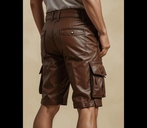 <b>Men's</b> <b>Brown</b> Genuine Leather Canvas <b>Cargo</b> Shorts High Waist with Pockets Breathable Eco-Friendly England Style Workwear - Product Image 2
