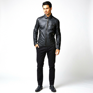 Finer Threads Men's Black Genuine Leather Varsity <b>Jacket</b>-Breathable Coated Fabric Linen Lining-Vintage Style Full - Product Image 1