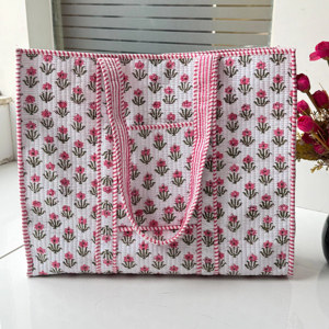 Hand-Block Printed Quilted Winter Tote Shopping Bag From India Multi-Color Floral Design Two <b>Shoulder</b> <b>Straps</b> Lining Wholesale - Product Image 1