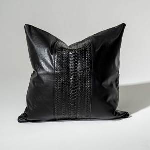 Black Squa Leather Pillow with Braided Detail 24x24in Home Decor Cushion - Product Image 3