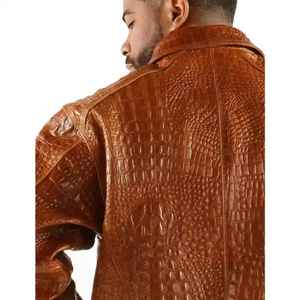 MEN'S PREMIUM <b>LEATHER</b> <b>JACKET</b> WITH CROCODILE EMBOSSED FINISH LUXURY BROWN <b>LEATHER</b> OUTERWEAR FULL ZIP FRONT <b>LONG</b> SLEEVE - Product Image 6