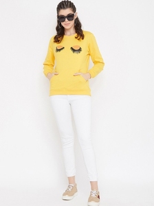 Sweat-shirt jaune à col rond pour femme avec motif d'yeux de dessin animé brodés, coupe classique, manches longues, en coton tricoté, pour l'automne - Product Image 5