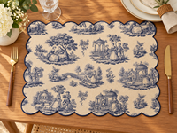 Set de table en lin de qualité supérieure à bords festonnés avec imprimé bleu Toile de Jouy |   Set de table décoratif vintage européen