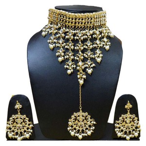 Indian Classic Women's Necklace Earrings Wedding Engagement Anniversary Party Green Traditional Crystal Kundan Faux Pearl Alloy - Product Image 1
