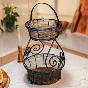 Cesta de almacenamiento metálica de doble nivel con asa, organizador rústico de especias para cocina, para verduras y especias, tipo vertical - Product Image 2