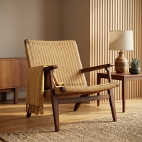 Fauteuil de détente ergonomique fait main, durable, en teck massif avec tressage en rotin synthétique, finition naturelle, pour salon