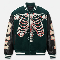 Blouson universitaire unisexe personnalisé vert forêt avec manches en laine noire, motif squelette et os de la poitrine, fermeture éclair sur le devant, haute qualité, hiver SHH