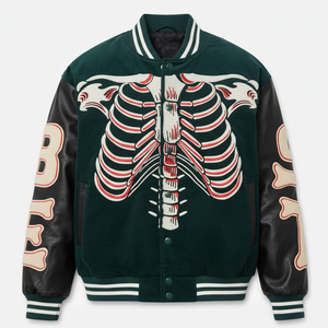 Custom Unisex Forest Green Skeleton Varsity <b>Jacket</b> Black Faux Leather Sleeves Rib Cage Bone Graphic Snap Button <b>Gothic</b> By SHH - Product Image 1