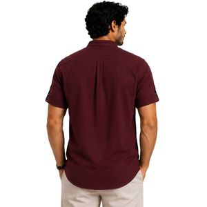 Camisa Casual de Lino y Algodón para Hombre, Color Borgoña, Cuello Mandarín, Manga Corta, Transpirable, Verano, Manga Enrollable, Bordada, OEM, Personalizada - Product Image 2
