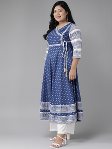 Kurta Anarkali bleu en ikat à col en V, en coton slub, grande taille pour femme, manches trois quarts, toucher doux, tenue traditionnelle - Product Image 3