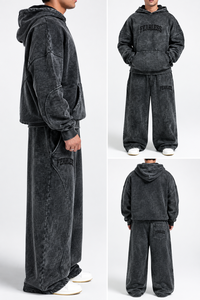 Ensemble sweat à capuche et pantalon pour homme, avec logo brodé, en molleton, couleur unie, style streetwear, coupe oversize, effet vintage délavé, pour l'hiver - Product Image 3