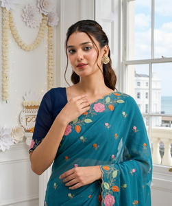 Sari de Seda Color Verde Azulado de AARA Fashion con Bordado Floral en el Borde, Largo hasta el Suelo, Protección Solar para Mujeres, Ropa Tradicional para Bodas en India - Product Image 5
