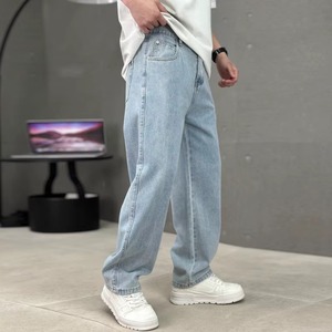 Jean en denim noir pour homme, coupe droite, taille mi-haute, couleur unie, décontracté, en coton tissé respirant, broderie automne délavée - Product Image 5