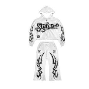 Ensemble de survêtement unisexe vintage blanc uni, en molleton 100% coton épais, sweat à capuche et pantalon, avec strass écologiques - Product Image 2