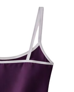 Ensemble pyjama personnalisé en satin violet foncé pour femme, comprenant un haut de pyjama et un short, vêtements de nuit doux en soie, ensemble deux pièces pour l'été avec détails blancs - Product Image 6