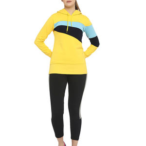 Sweat-shirt à capuche jaune pour femme avec blocs de couleur et poches, coupe classique, idéal pour l'automne - Product Image 4