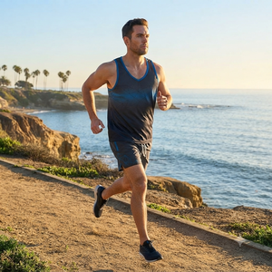 Ensemble de débardeurs sportifs pour hommes, imprimé géométrique, séchage rapide, polyester, tenue d'entraînement d'été, bleu noir, col en V, shorts - Product Image 2