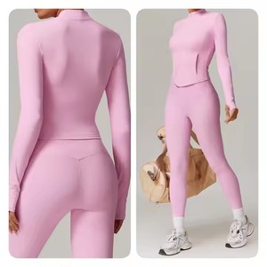 Women's Olive <b>Green</b> 2 Piece Yoga Set High Waist Full Length Leggings Seamless <b>Crop</b> <b>Top</b> Crew Neck <b>Long</b> <b>Sleeve</b> - Product Image 2
