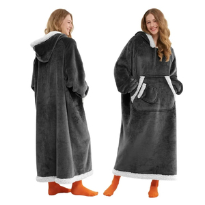 Oversized Soft Cotton Blend Hooded <b>Wearable</b> <b>Blanket</b> Sweatshirt Long Sleeve Fleece Lined Solid Color Women's Winter Pullover - Product Image 3