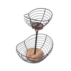 Cesta de frutas de alambre de Metal negro de 2 niveles con Base de madera, patrón de granja moderno, encimera redonda, lazos de almacenamiento de cocina para fiestas - Product Image 6