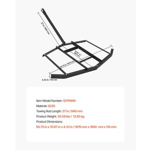 Erpice trainabile in acciaio Q235 da 66 pollici con barre regolabili e supporti per attacco a perno da 50 pollici - per rimorchi moto e ATV - Product Image 4