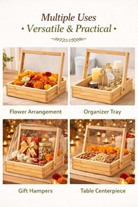 Pinewood Hamper Gift Handle <b>Basket</b>, with Decoration Net & <b>Flowers</b>, Festival Gift Hamper, Wooden Gift Hamper <b>Basket</b>. - Product Image 5
