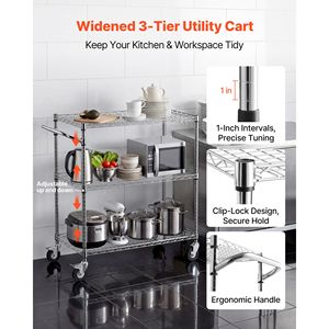 Carrello Utilitario Commerciale a 3 Ripiani in Acciaio con Griglia Metallica Resistente e Ruote per Lavori in Cucina - Product Image 2